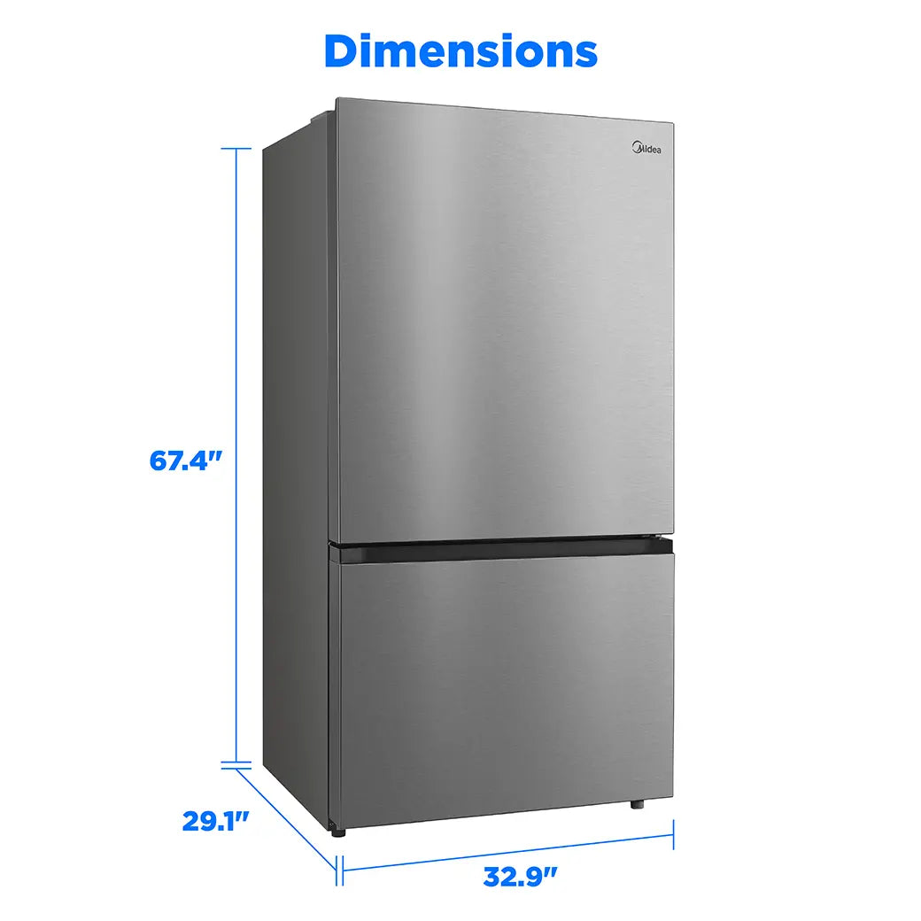 Midea MRB23D5AST dimensions: 32.9 inches wide, 29.1 inches deep, 67.4 inches high