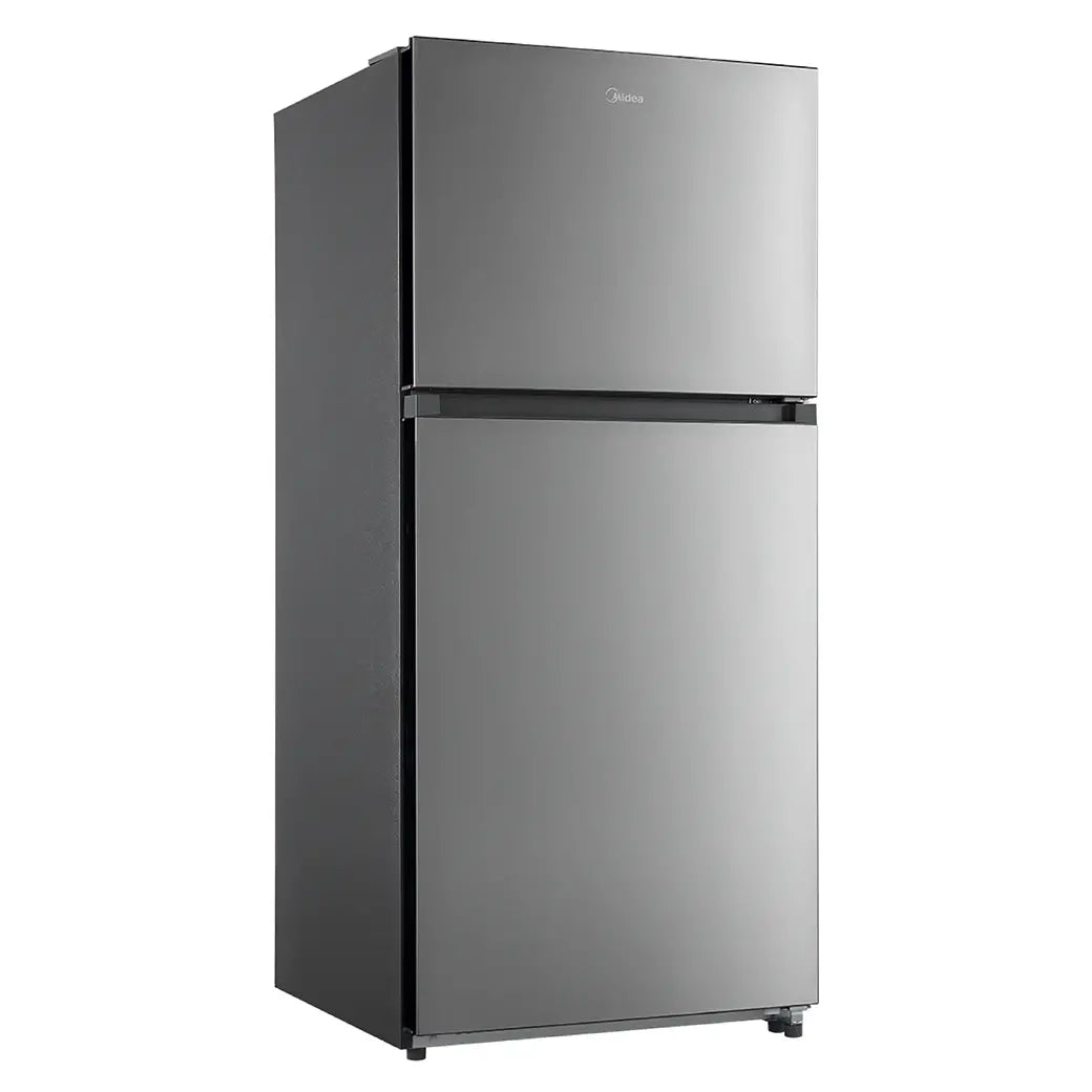 Midea MRT18D3BST stainless top-freezer refrigerator, angled exterior view