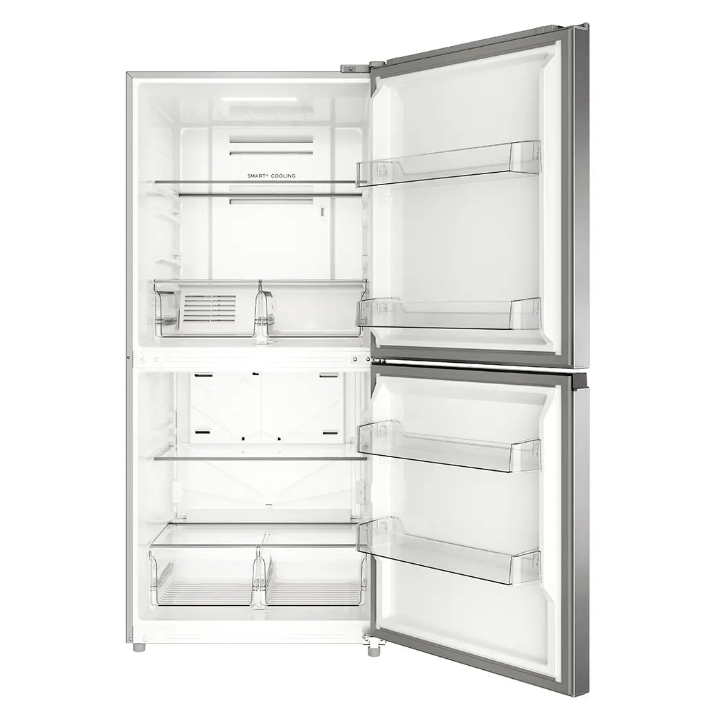 Midea MRU21C7BST convertible freezer with both doors open, showing shelves and drawers