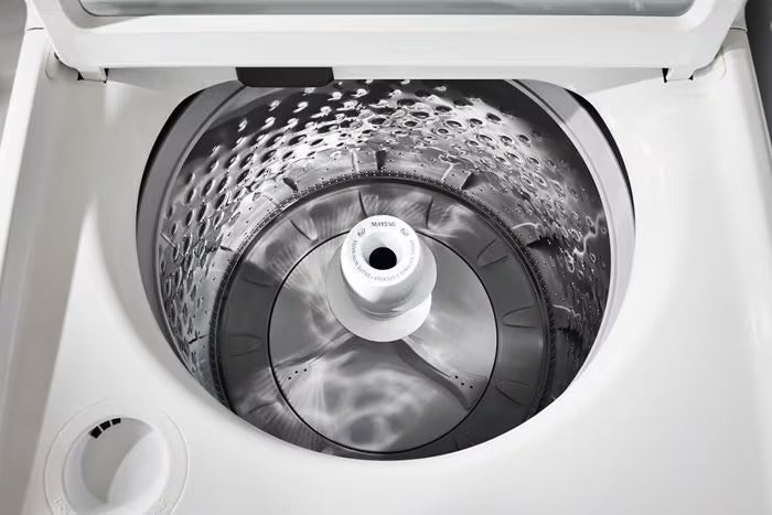 Maytag MTW5205TW washer with lid open, showing the stainless steel basket and agitator