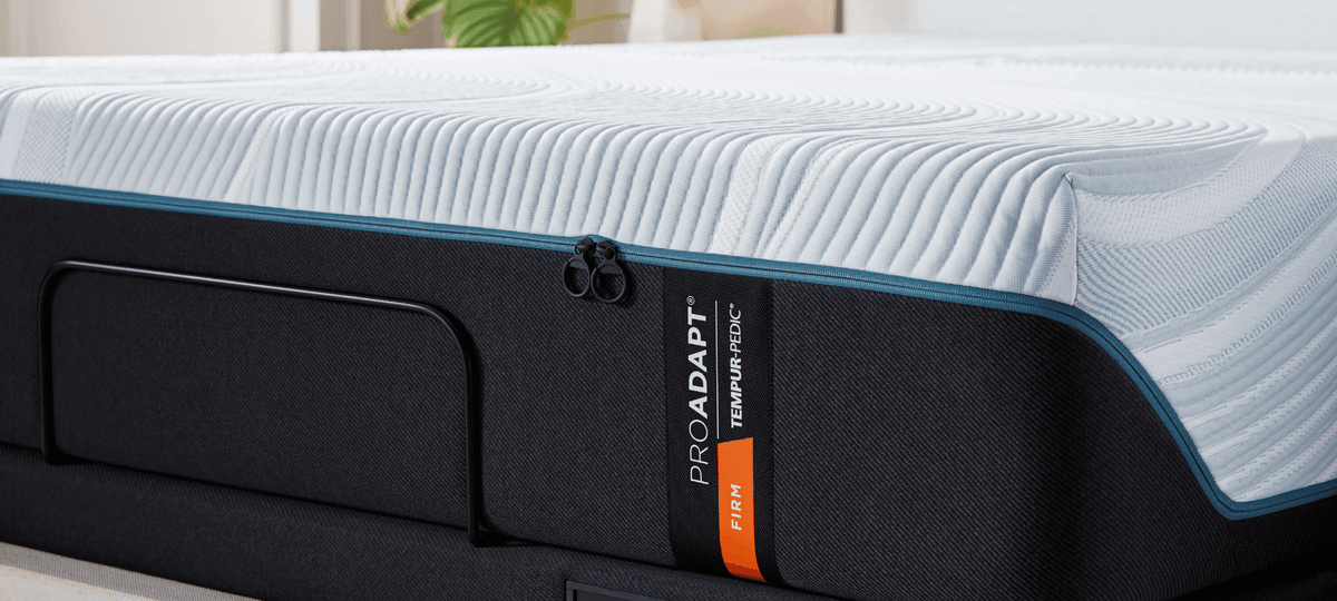 Tempur-Pedic ProAdapt 2.0 Firm mattress styled room view; adjustable base shown separately; photographed size may differ from King