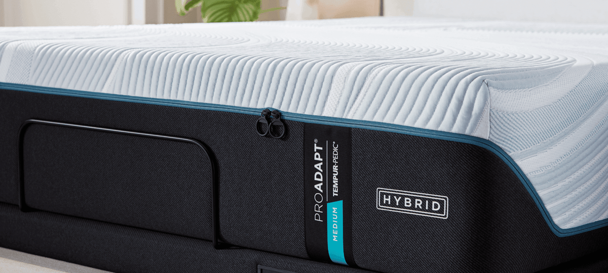 Tempur-Pedic ProAdapt 2.0 Medium Hybrid mattress styled room view; adjustable base shown separately; photographed size may differ from Full
