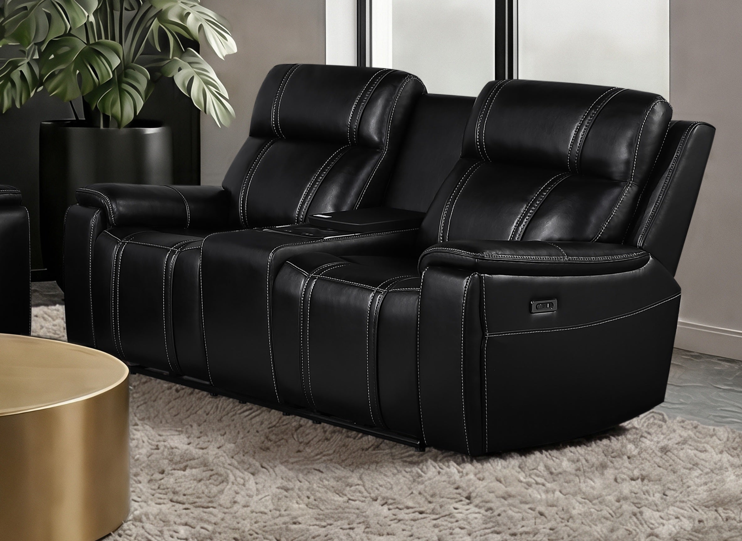 Global Furniture USA U8880 Black Leather Power Console Reclining Loveseat