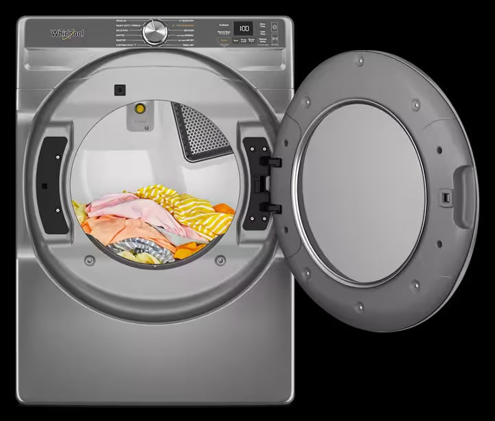 Whirlpool WED6720RR Radiant Silver dryer with door open