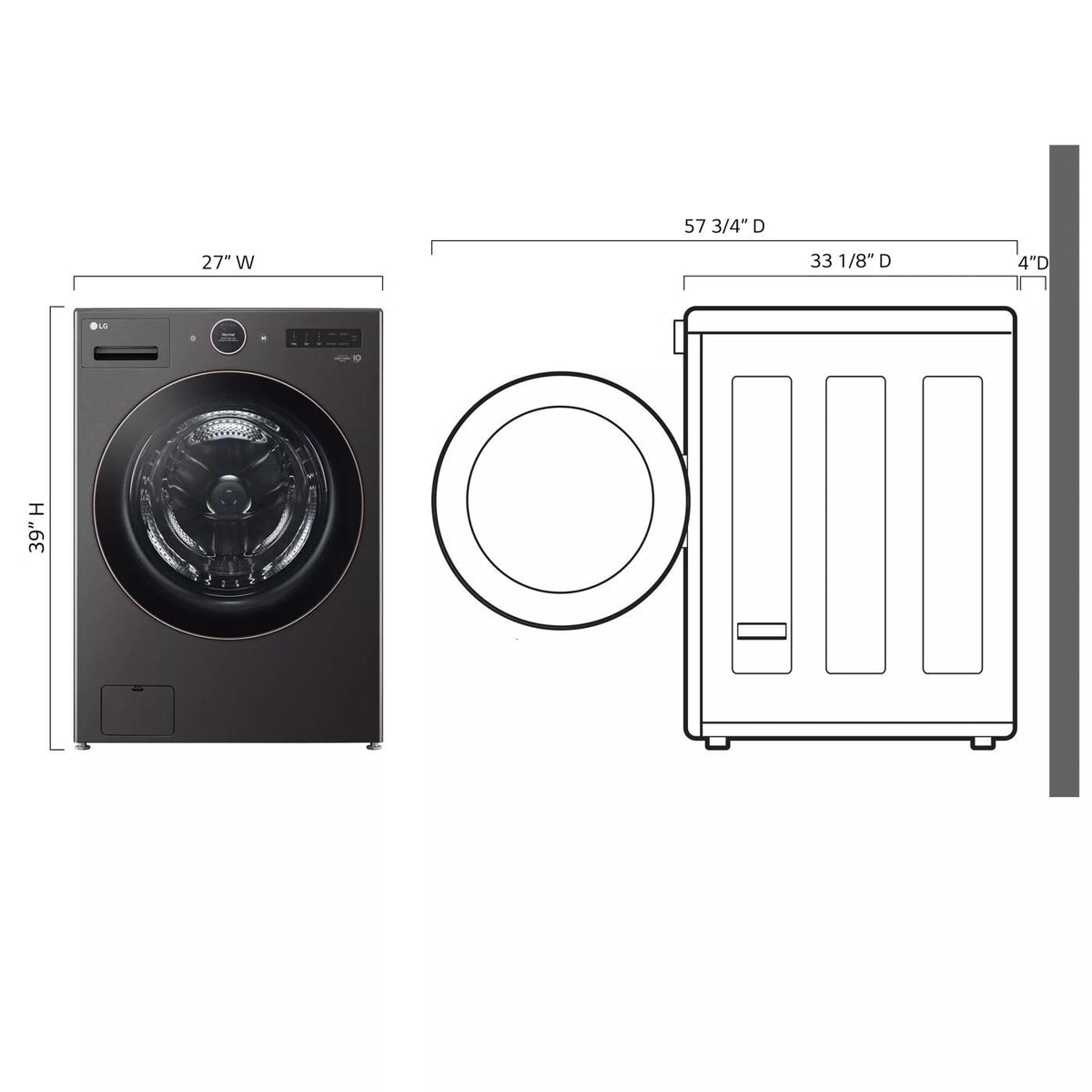 LG WM6500HBA washer dimensions: 27 inches wide, 33 1/8 inches deep, 39 inches high; 57 3/4 inches deep with door open