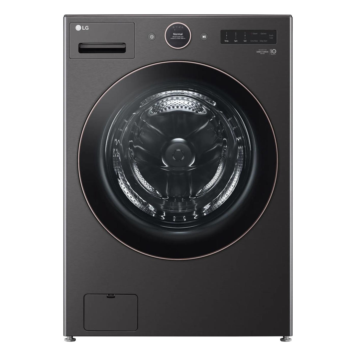 LG WM6500HBA Black Steel front-load washer, exterior front view