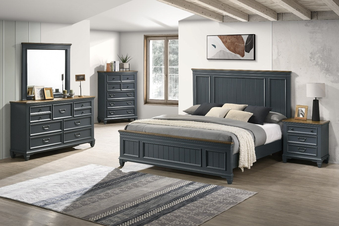 Clear close-up view of the Lifestyle Furniture nightstand, showcasing its dark gray finish, three drawers, and contrasting warm brown wood-look top.