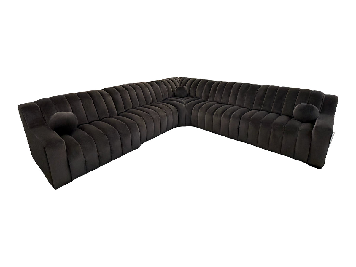 Alexandra Home 8973 Chocolate 5-Piece Dual Power Reclining Sectional — actual tagged floor photograph isolated on white; complete configuration shown