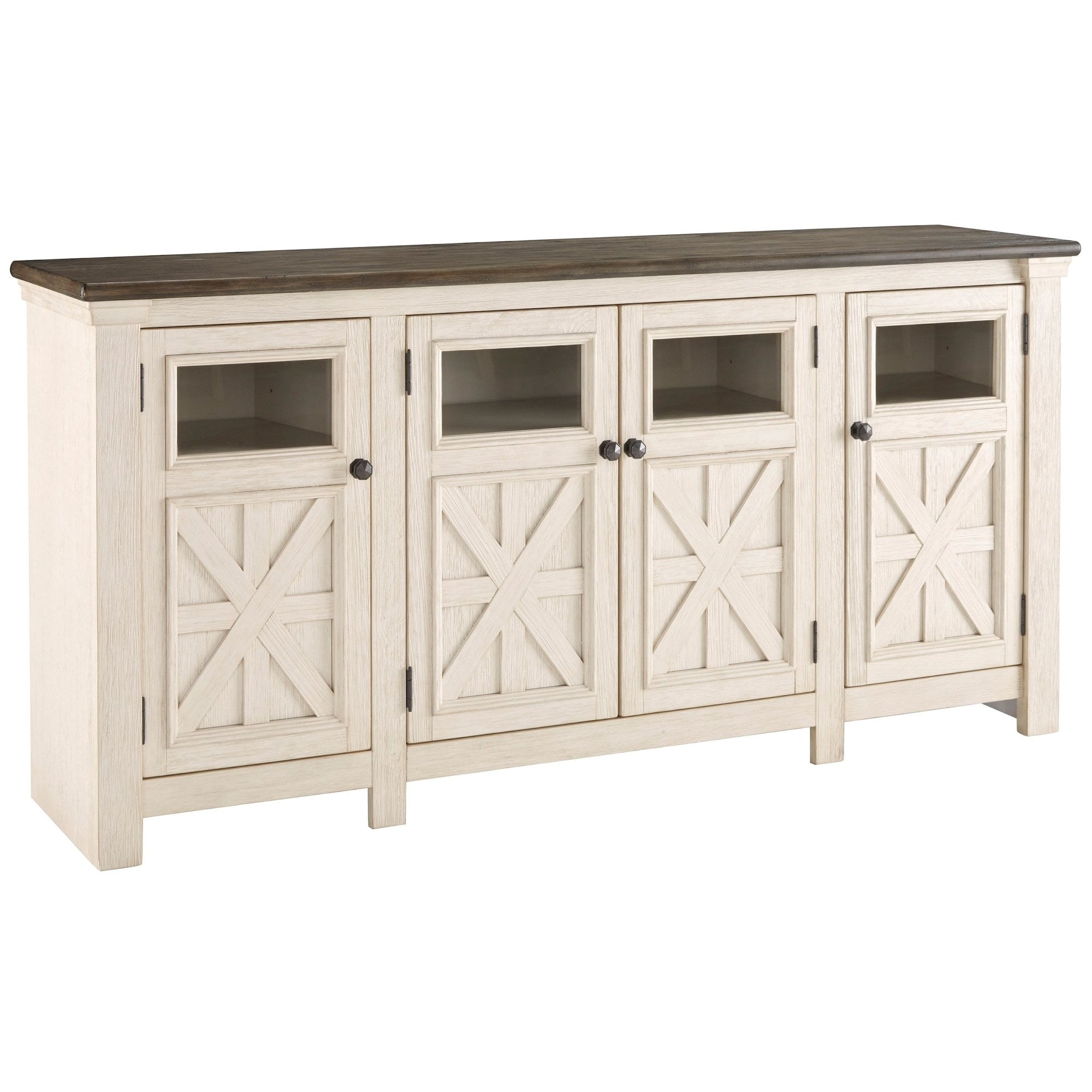 Full front view of the 4-door media console, showcasing its full width, two-tone finish, and X-panel glass doors.