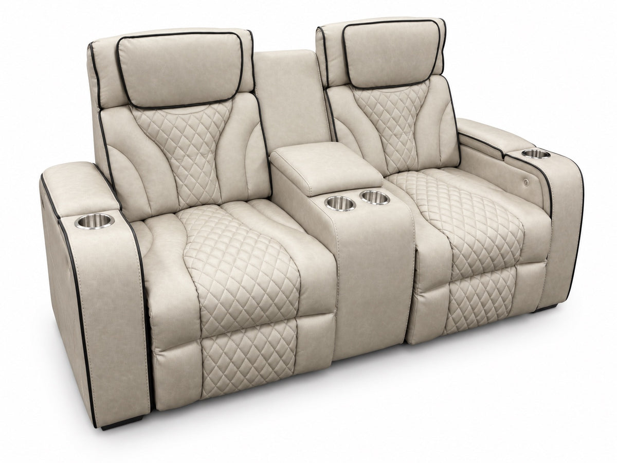 Elements Blitz Simba Taupe two-seat reclining loveseat with center console, cupholders and black welt trim