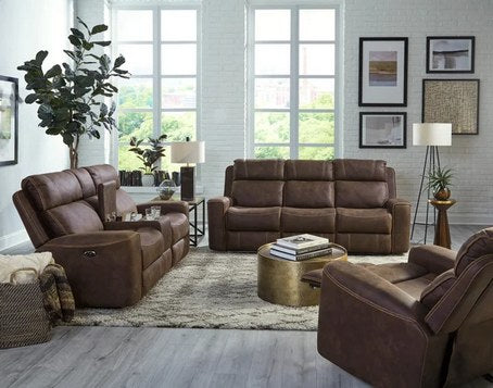 Full view of the brown fabric reclining loveseat with an open central console, showcasing its design and power recline button in a contemporary living room.