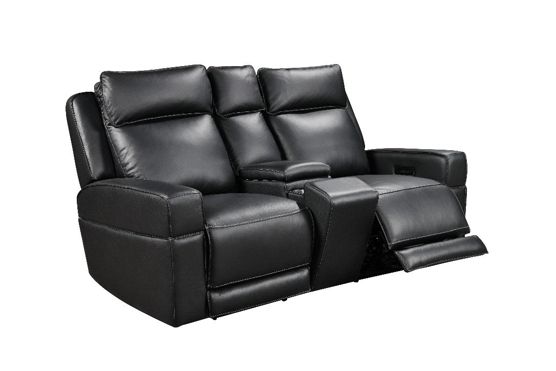Front-angled view of the black leather power reclining console loveseat, with one seat fully reclined, showcasing its integrated console and modern design.