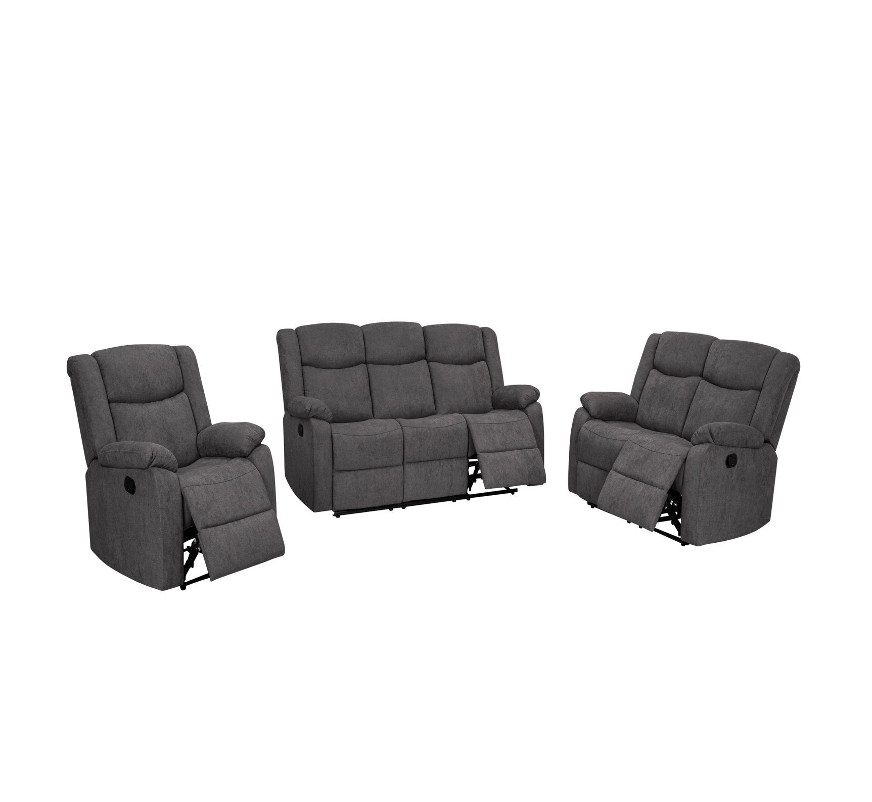 Complete 3-piece reclining living room set, featuring a sofa, loveseat, and single recliner chair in a cohesive dark gray fabric, showcased from a front-angle perspective.
