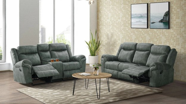Lifestyle shot featuring a reclining sofa and loveseat set in a modern living room, showcasing the overall style and reclining function.