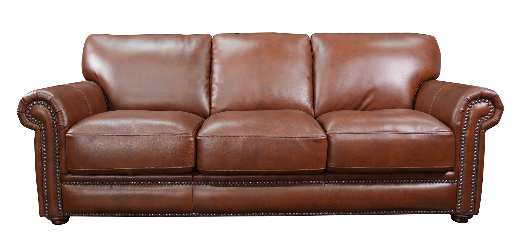 Full front view of the Futura traditional brown leather sofa, showcasing its classic design.