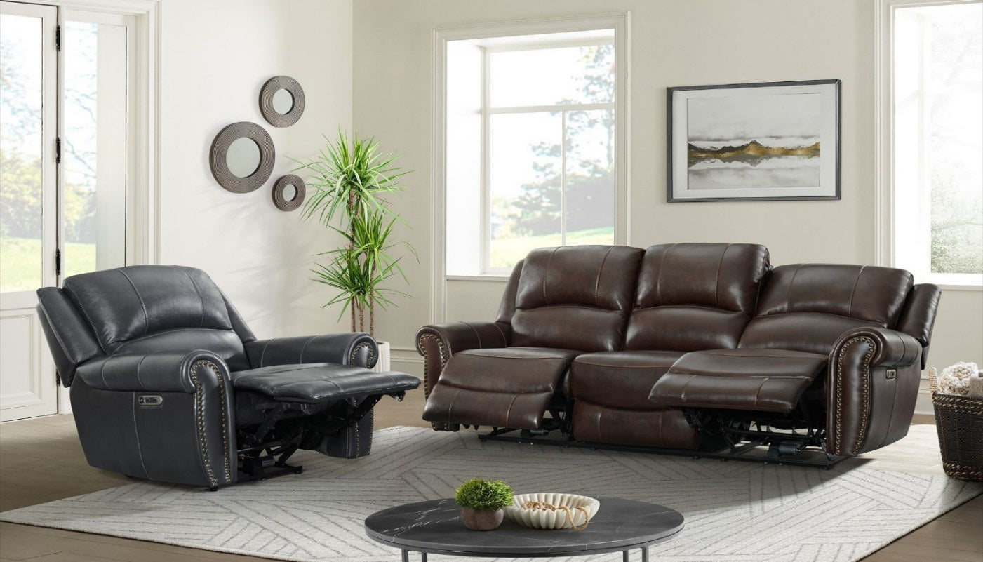Full room view showcasing the Elements International brown reclining sofa alongside a gray reclining chair, setting a comfortable and elegant scene.