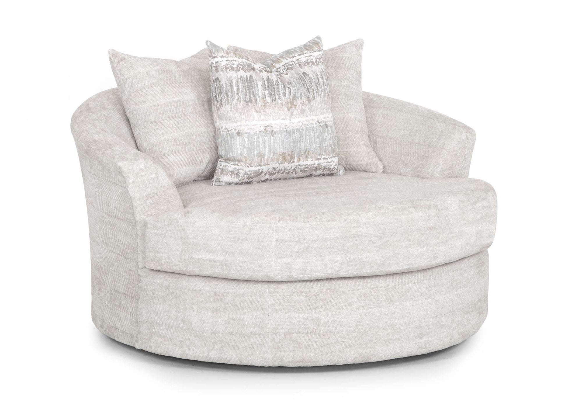Full front view of the Franklin Swivel Lounge Chair, showcasing its plush, rounded design and textured ivory fabric with a decorative accent pillow.