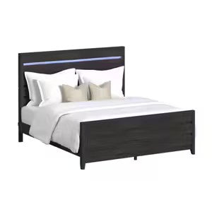 Full front-angle view of a modern dark gray bed frame with an illuminated LED headboard.