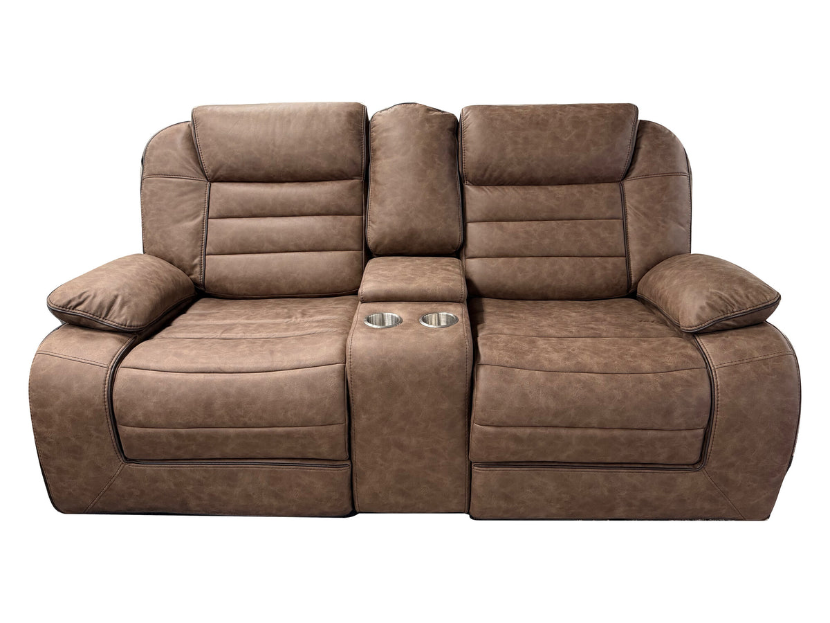 Global Furniture U2250 Brown Manual Reclining Console Loveseat — actual floor photograph isolated on white