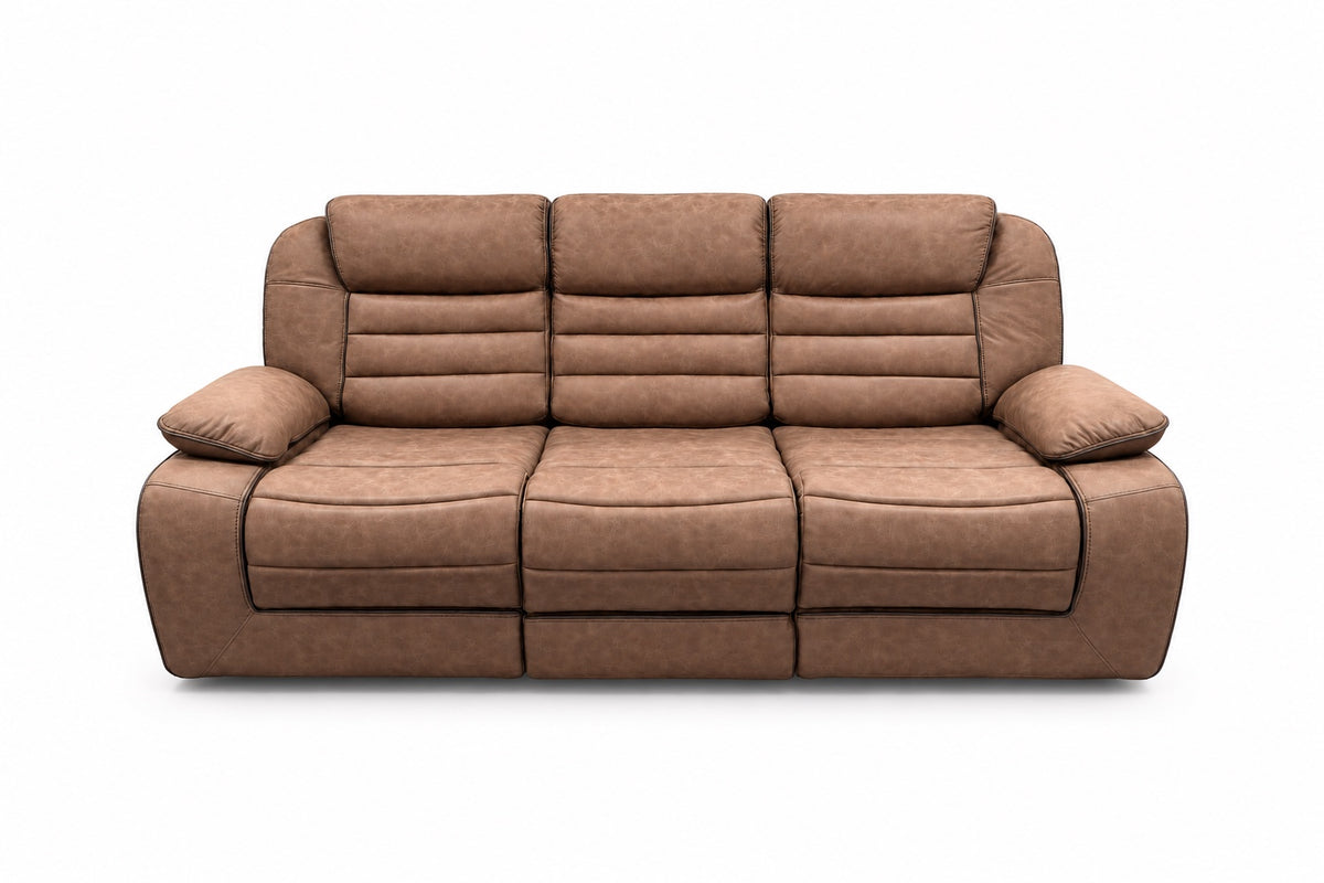 Global Furniture U2250 Brown Manual Reclining Sofa shown alone with all seats and footrests upright