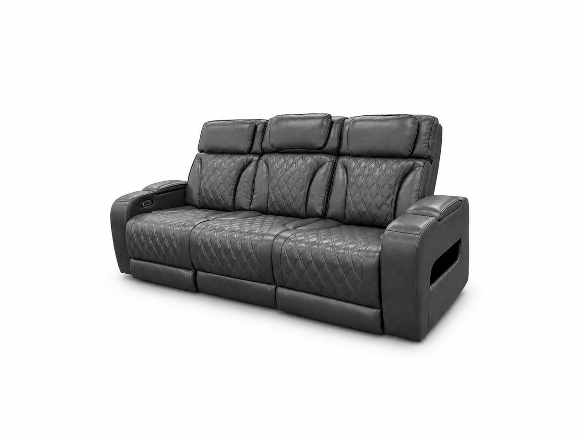 Global Furniture U8611 Charcoal Dual Power Reclining Sofa shown alone with the complete item upright and lights off