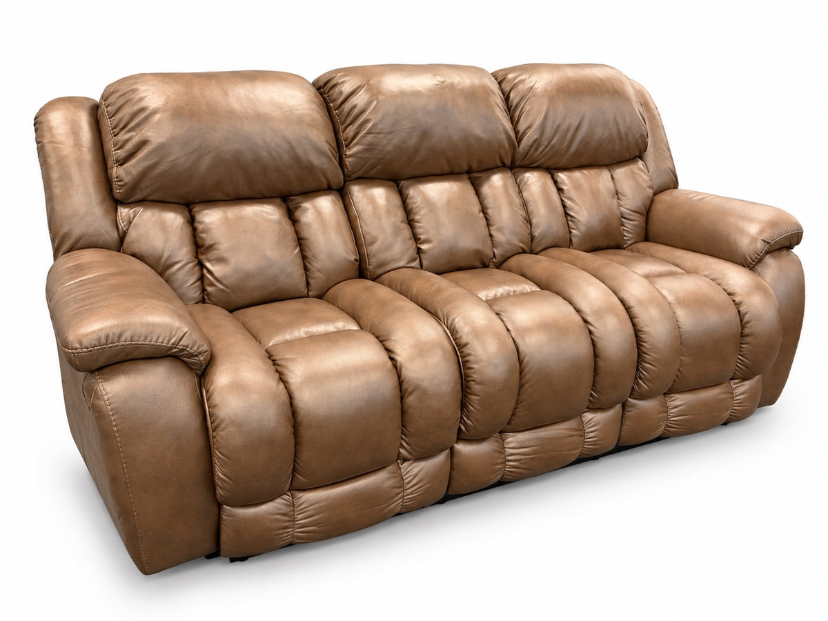 HomeStretch 2293 Mocha three-seat power reclining sofa, photographed from the showroom