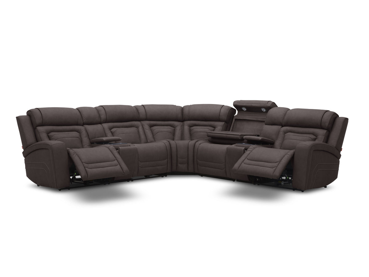 Kuka 6719 Chocolate seven-piece power reclining sectional, supplier image showing reclining seats and open console features