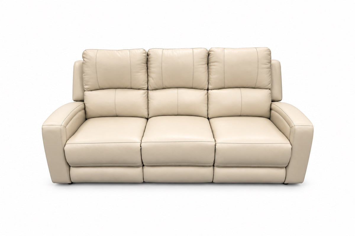 Leather Italia Aria Cream Dual Power Reclining Sofa shown alone with all seats and footrests upright