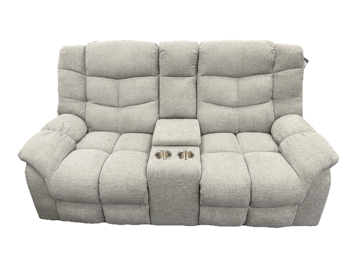 Lifestyle Furniture U8137G-42 Barley reclining console loveseat — actual tagged floor photograph isolated on white; two cupholders; loveseat only