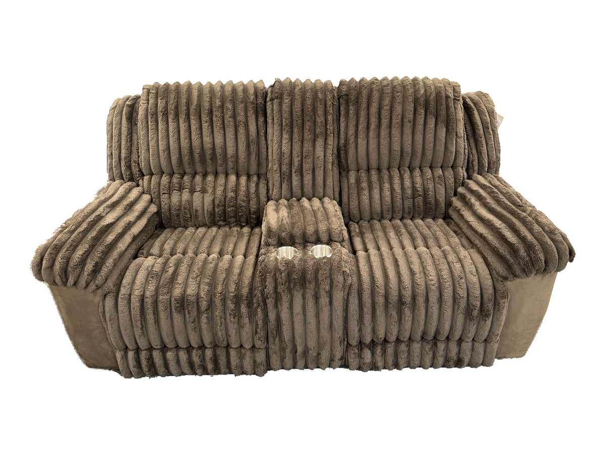 Lifestyle Furniture U821642 Chocolate Cord Reclining Console Loveseat — actual tagged floor photograph isolated on white; one item only