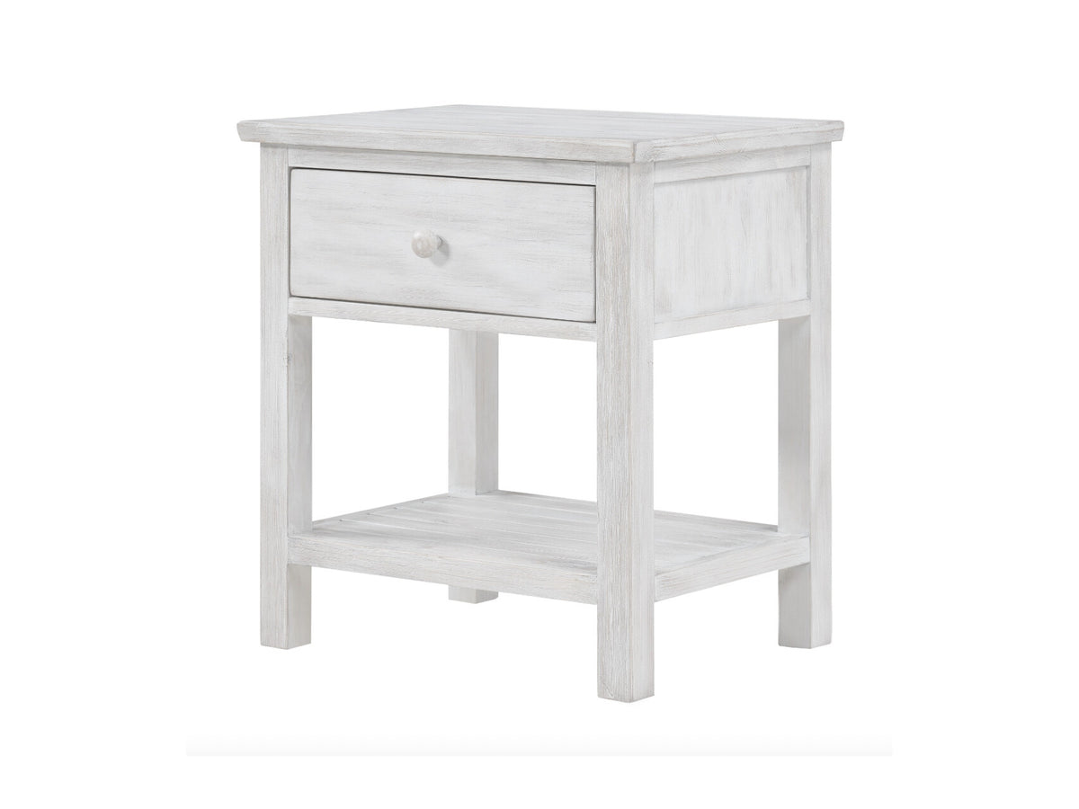 Lineage Geneva Distressed White one-drawer nightstand with open lower shelf
